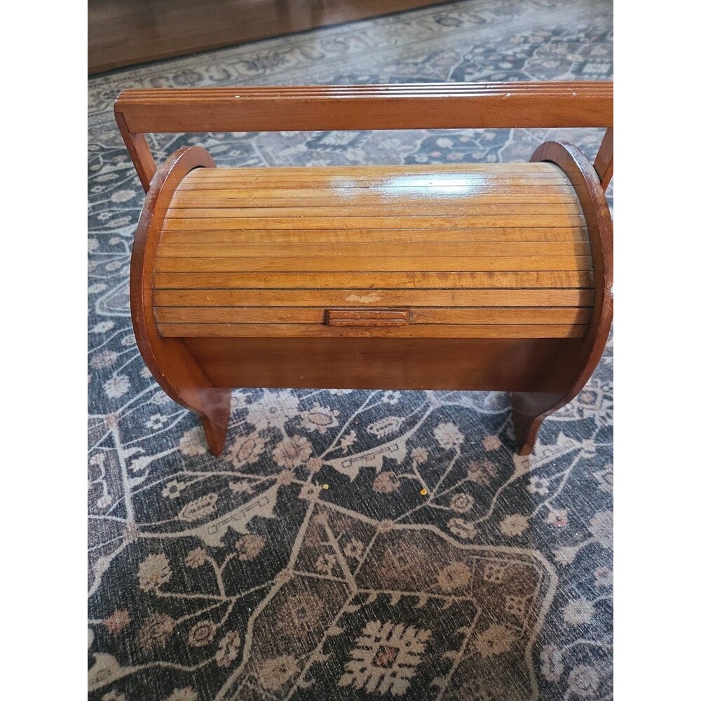 VINTAGE MCM WOODEN ROLLTOP STORAGE SEWING BOX 11 inches x 8 inches
